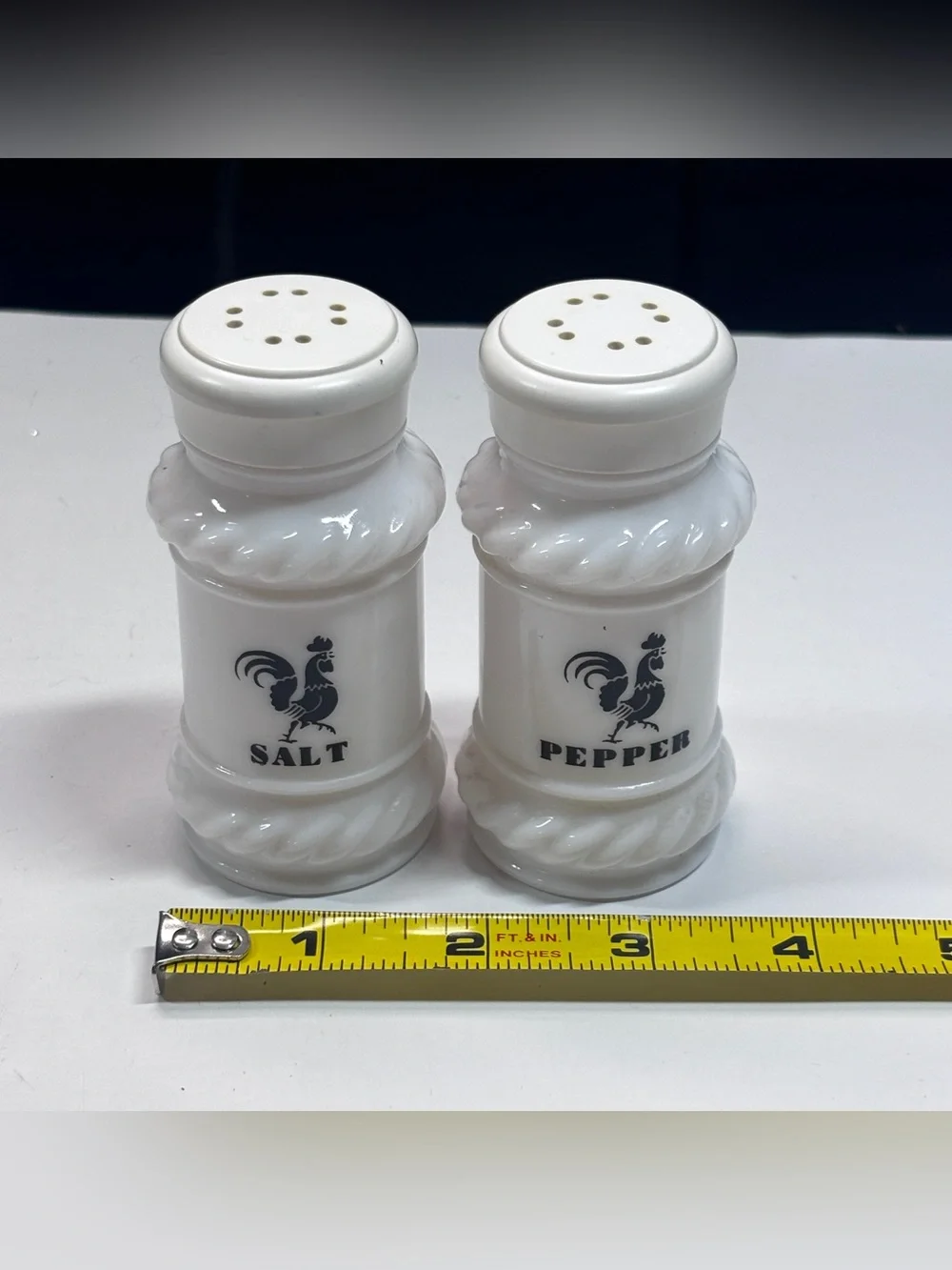 Vintage HAZEL ATLAS Milk Glass Salt Pepper Shaker Set Black Rooster
